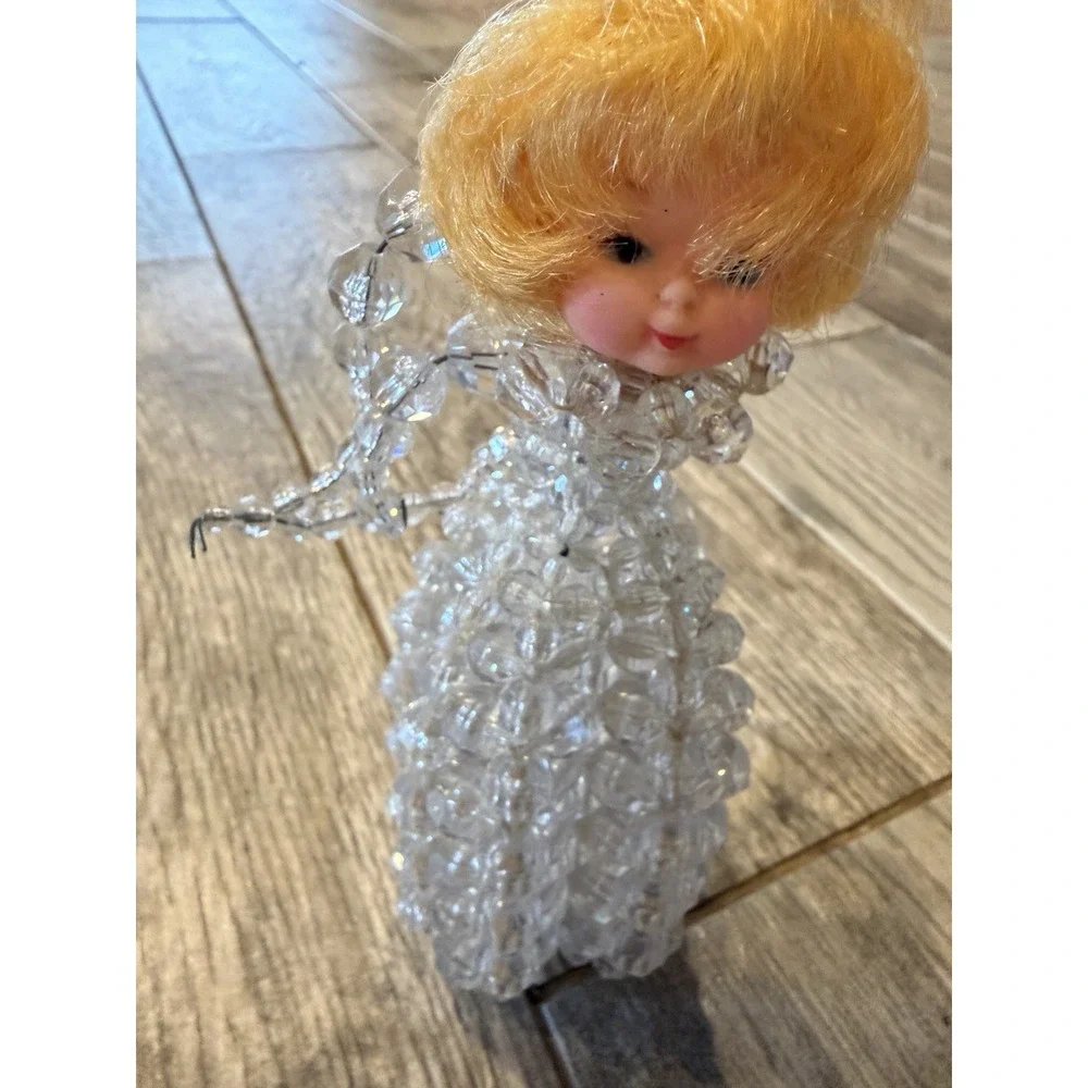 Angel Figurine Ornament‎ Small Clear Beaded Blonde Vintage Handmade Christmas